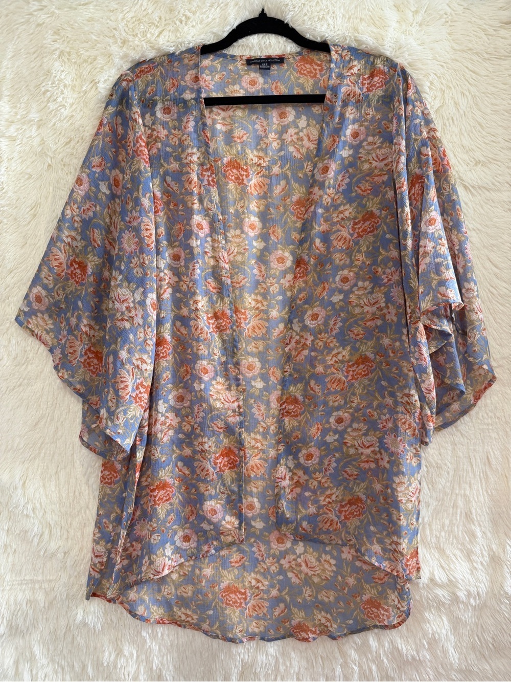 American Eagle Womens Boho Floral Kimono XS/S Blue Sheer Lightweight Cardigan